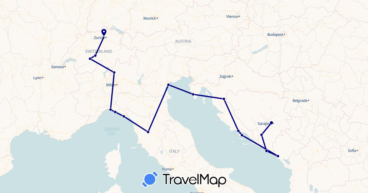TravelMap itinerary: driving in Bosnia and Herzegovina, Switzerland, Croatia, Italy, Montenegro (Europe)