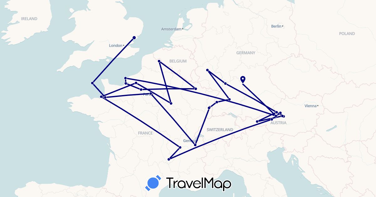 TravelMap itinerary: driving in Austria, Germany, France, United Kingdom, Guernsey (Europe)